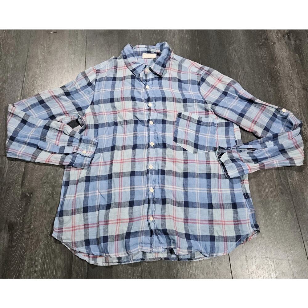 CP Shades Revolve 100% Linen Shirt Women M Blue Tennessee Plaid Button Up Pocket